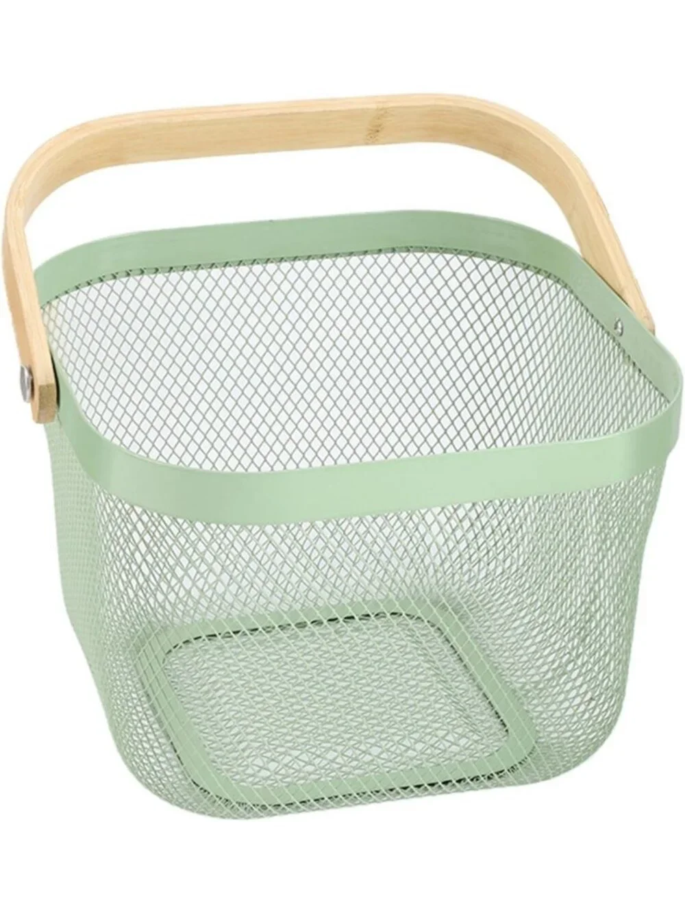 Multi-Functional Metal Mesh Storage Basket with Bamboo Handle - Mint Green